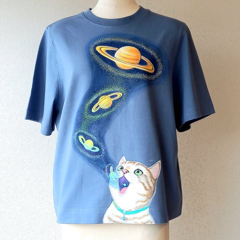 手描き　土星猫Tシャツ