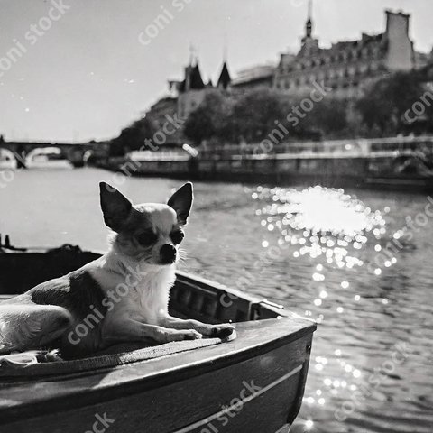 パリのセーヌ川で船の上で休むチワワの懐かしい写真、レトロ、モノクロ、アート、古びた写真　conistock_81442