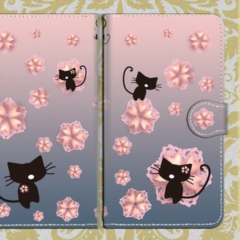 [全機種対応]手帳型スマホケース　桜猫◆墨桜色
