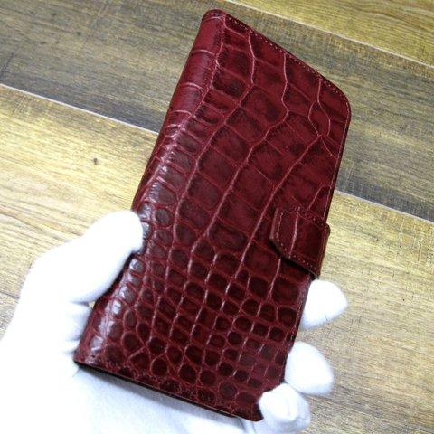 【受注生産】本革のスマホフリップケース アンチックボルドーのクロコ柄 iPhone用【名入れ】対応