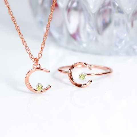 【2点セット】《夜桜と月》新色 ALL 14k pink gold filled ✳︎月と星と天然石　【リング＆ネックレス セット】＊ 槌目 模様 ✳︎夜空　桜