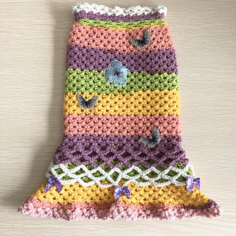 犬服　手編み　ピンク　紫　緑　黄　縞　リボン　蝶