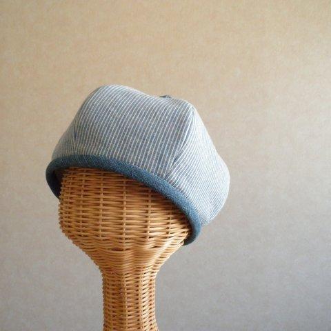 コットンリネンのベレー帽　水色と白のストライプ