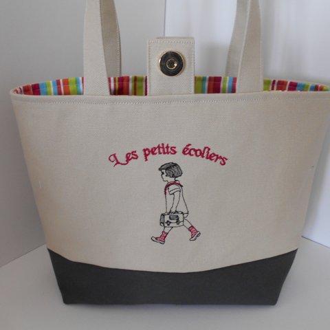フランスの通学の女の子刺繍の帆布の選べる持ち手トートバッグ　 