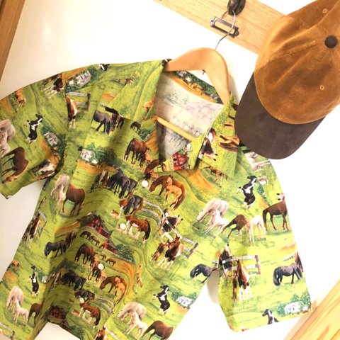 【design-t.】アロハシャツ　メンズ　XL   horses on the meadow 002