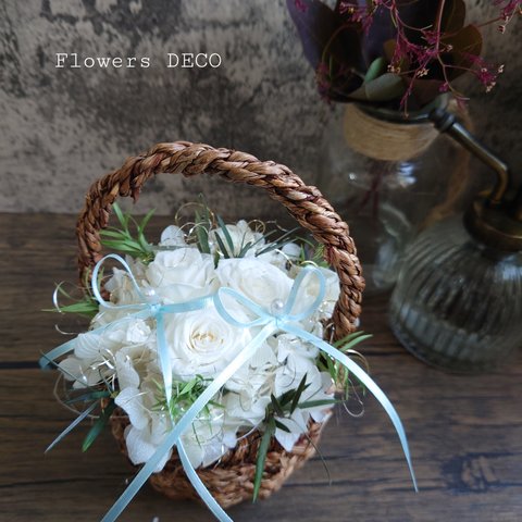 miniバラ&紫陽花のリングピロー【mini basket】Natural White