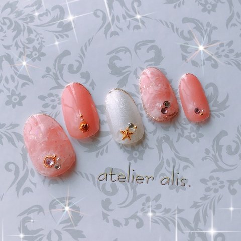 【atelier alis.】ネイルチップ＊サーモンピンク＊夏＊マーブル＊天然石風