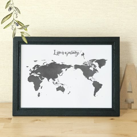 A4世界地図ポスター ホワイト＆ブラック / シンプル＆ミニマルマップ白黒
