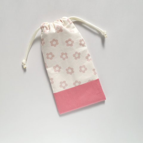 25×13　縦長  巾着 お箸入れ　お花　くすみカラー　ピンク