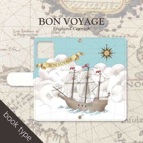 BON VOYAGE 欧風の帆船 ペン画風アート 手帳型スマホケース iPhone Android