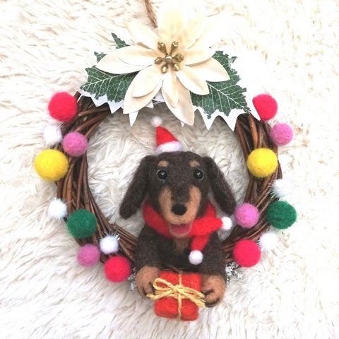 ♡羊毛フェルト♡ダックスサンタさん🎅クリスマスリース🎄犬