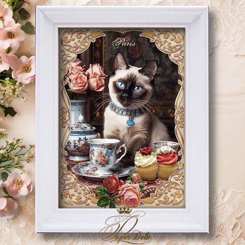 ヴィンテージ風 額付きアートプリント★シャム猫のティータイム★ロココ・ヴィクトリアン Victorian Cat Art Print