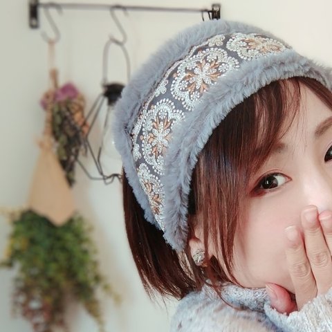 インド刺繍リボンリバーシブルファーヘアバンド