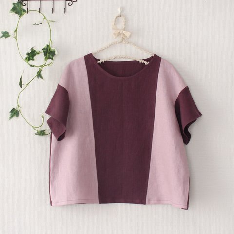 【送料無料】リネン紫×ピンクのフリル袖プルオーバー