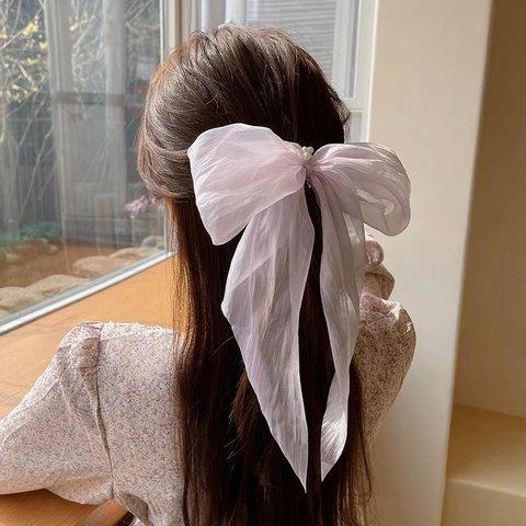 【在庫処分 限定セール￥399】韓国ファッション　ふわくしゅリボンヘアゴム　パープル　ヘアアクセサリー　-2901