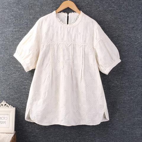 夏服の 新しい 刺繍 上着 半袖 綿麻 ゆったり シャツ