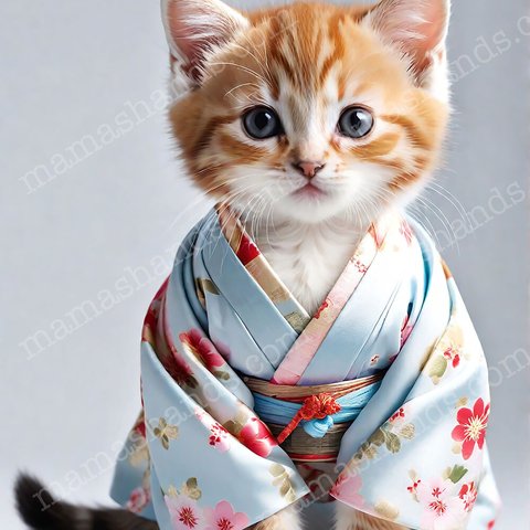 可愛い 水色の 着物 を着た 子猫 の アート（デジタルコンテンツ ダウンロード販売）