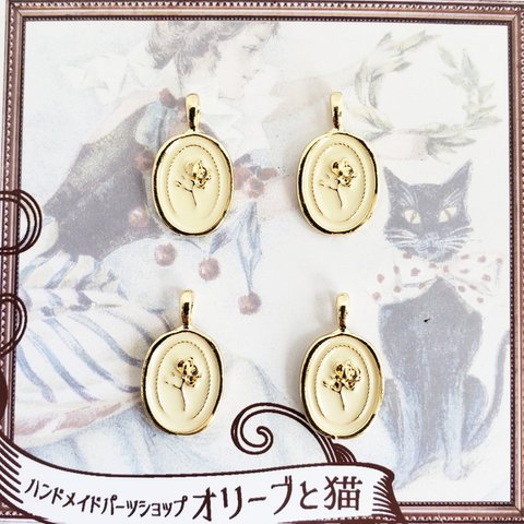 4個 薔薇 ローズ ゴシック オーバル パーツ チャーム/ベージュ×ライトゴールド（C2-150）上品  ミニ