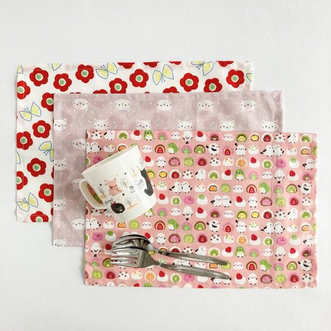 3枚セット　20×30cmランチョンマット　和菓子・猫・お花　ピンク