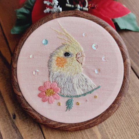 【受注生産】『インコ刺繍✿想い出ぎゅっとミニフレーム』Bird embroidery frame.