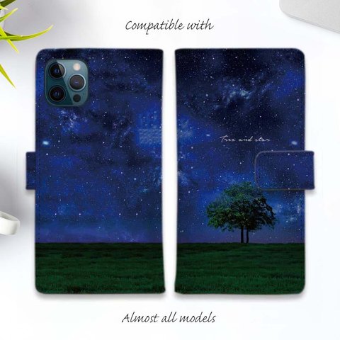 iPhone15/iPhone15Pro/iPhone15Plus/iPhone15ProMax/iPhone14/手帳型ケース 星空 "Tree and star"