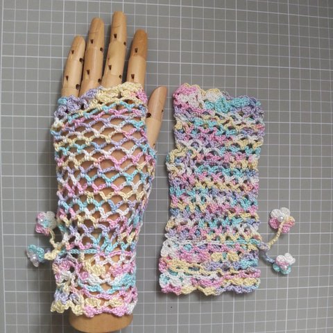  20番レース・ハンドウォーマー・ネット編み(ピンク、水色、黄色、ラベンダー、白)手袋*段染め