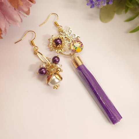 ゆらゆら大粒 蓮華と和紙のタッセル イヤリング ピアス