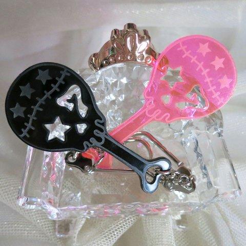 スカルロリポップ2色セットキーホルダー☆蛍光ピンク＆黒アクリル製
