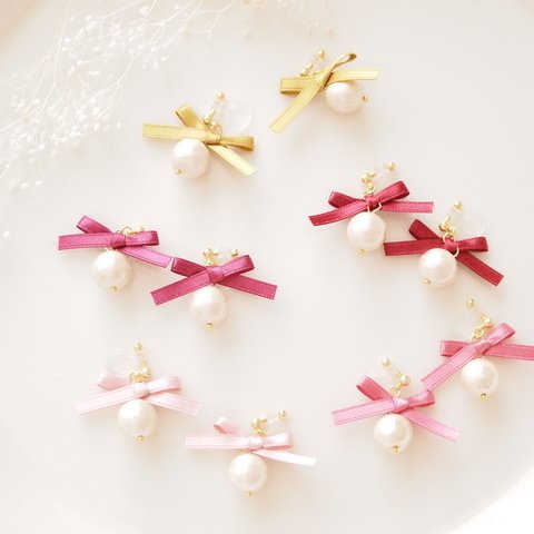 ribbon × cotton pearl  ... ピアス/樹脂ノンホールピアス（イヤリング） 