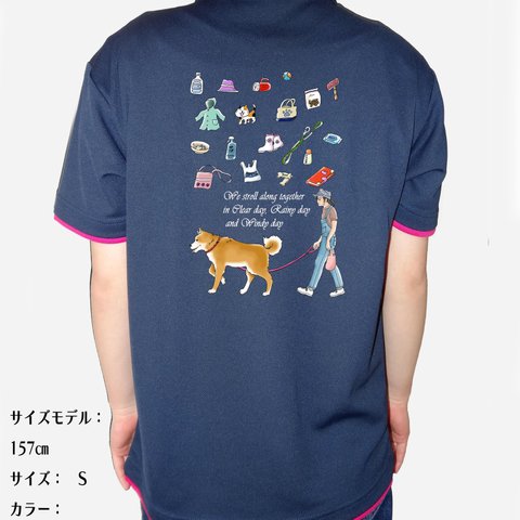 秋田犬/ワクワクを着る!/ポロシャツ/ドライ/ハンドクラフト/デザイン変更可/ネイビー×ホットピンク