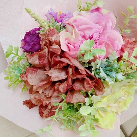 母の日 花束 造花 やさしいオレンジ ブーケスタンド付き