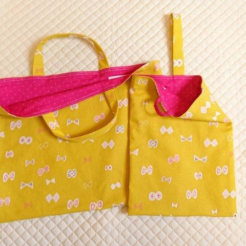 送料0🎀リボンちょうちょ🎀×ピンクドットのレッスンバック＊シューズ入れ2点セット  