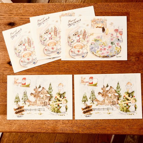 ②5枚組"クリスマス、大好きなものたちと…"（３枚）&"クリスマス、聖夜に天使がまいおりて…"（2枚）水彩イラストポストカード