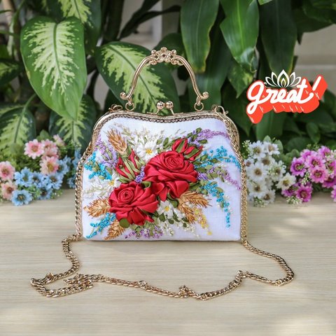 お花手刺繍パーティーバック(白)