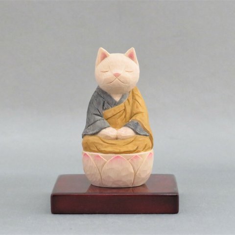木彫り　袈裟を着た座禅猫　猫仏2007