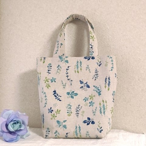 トートバッグ 植物×水色チェック