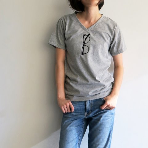 メガネ刺繍 Tシャツ＜グレー＞