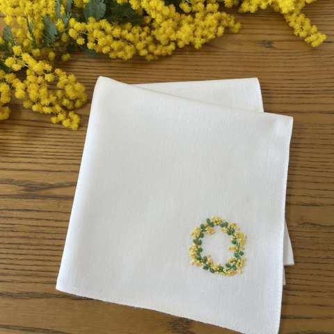 ミモザリース刺繍　パールアカシア　濃　ハンカチ布巾