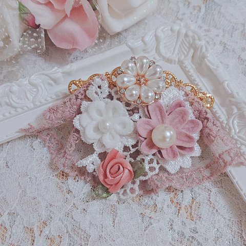 ꫛꫀꪝ お嬢様のお茶会🍰 AfternoonTea Flower 薔薇 レース ドレスアップ ピンク ヘアクリップ