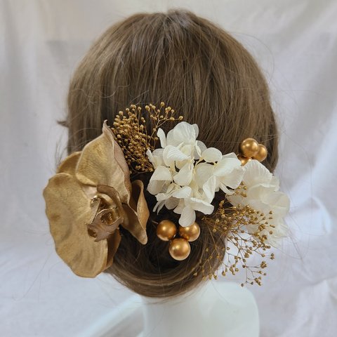 送料込み)オリジナル髪飾り「胡蝶蘭アジサイホワイト」1輪ゴールド成人式結婚式和装