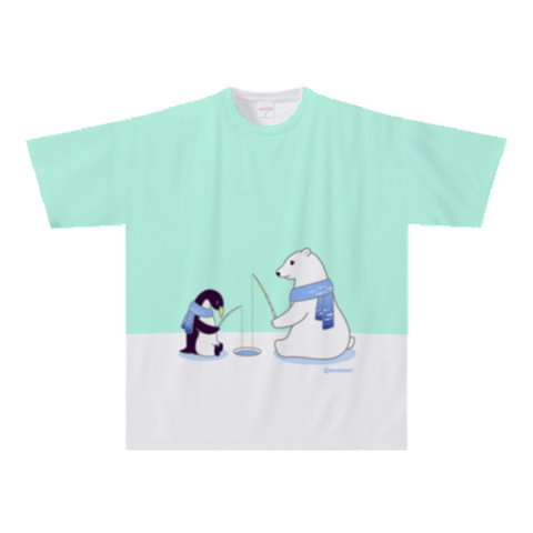シロクマとペンギンのワカサギ釣りTシャツ(大人〜子供サイズ)【全面プリント】
