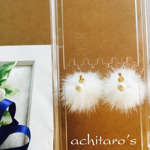 【再販】コットンパールのミンクファーキャッチピアス(ホワイト)