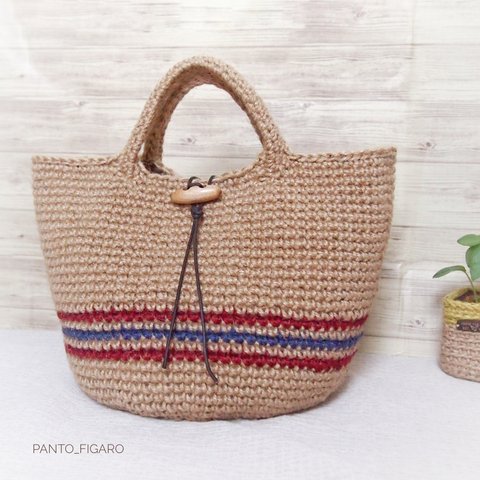 麻ひもバッグ   ライン入  ハンドメイド かごバッグ