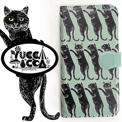 「立ち猫 黒猫」iPhone 手帳型スマホケース