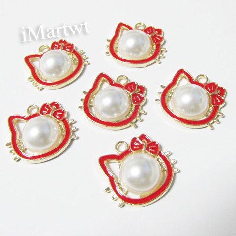 【A-2215】5PCS　ネコ　パール　21×20mm　ゴールド＆レッド　チャーム