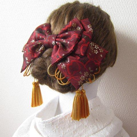 髪飾り　リボン✿金襴 桜　深紅　ウエディング　成人式　卒業式　着物　袴　振袖　