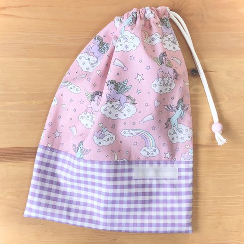 巾着袋(中)☆31×23cm ピンク【ゆめかわペガサス】 ★KC.4748 ユニコーン　女の子　裏地付き｜通園通学用のかわいい巾着袋や入園オーダーHoshizora☆ほしぞら