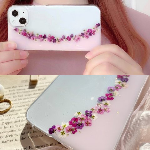 スマホを横にすると… ♡ 花々のネックレス･.｡*･.｡*  押し花スマホケース 全機種対応