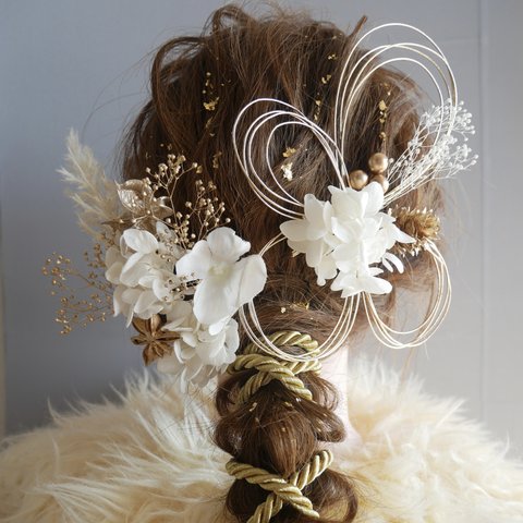 成人式 卒業式 結婚式 七五三 髪飾り ドライフラワー mixロープ髪飾り  (ホワイト、ゴールド) 金箔付き 