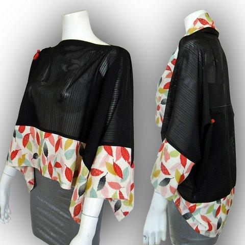 単衣の夏用着物のリメイク：２トーン、２通り使える折り紙ドルマンブラウス＆シュラグジャケット